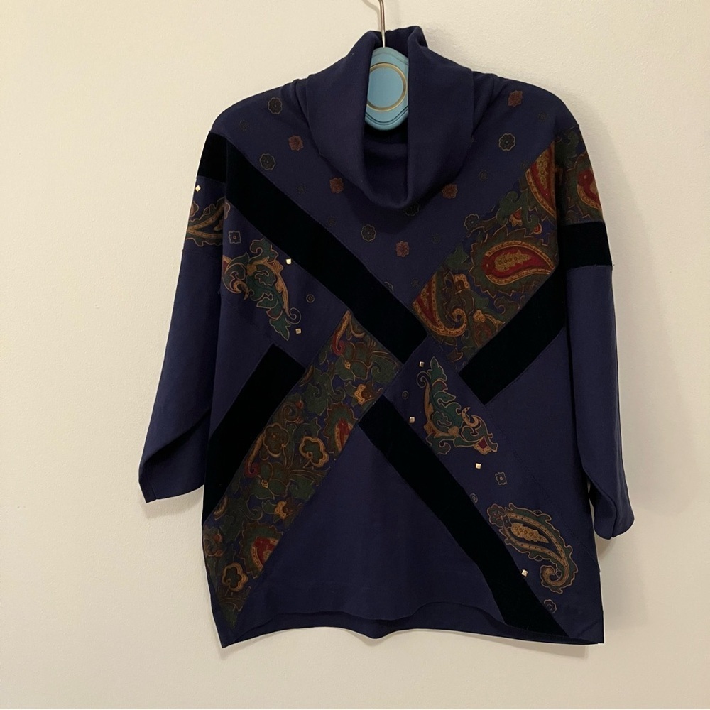 VTG Women’s 90s Turtleneck Sweatshirt Patchwork Velvet Paisley Sz. L Oversized